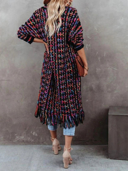 Plaid Fringe Cardigan Sweater