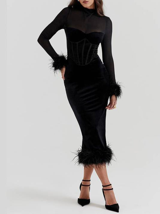 Mesh Patchwork Velvet Detail Corset Dress