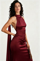 Halter Satin Elegant Solid Color Prom Dress