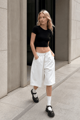 White High Waist Minimalist Wide Leg Denim Shorts