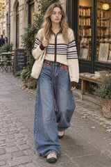 Plaid Panel Drawstring Barrel Jeans