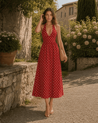 Red Polka Dot V-Neck Halter Backless Maxi Dress