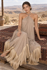 Halter Fringe Maxi Party Dress