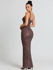 Leopard Mesh Cami Bodycon Jumpsuit Maxi Dress