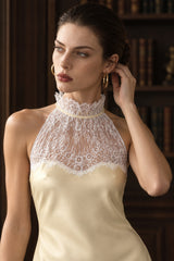 Chic Lace Trim Satin Halter Neck Slim Maxi Dress