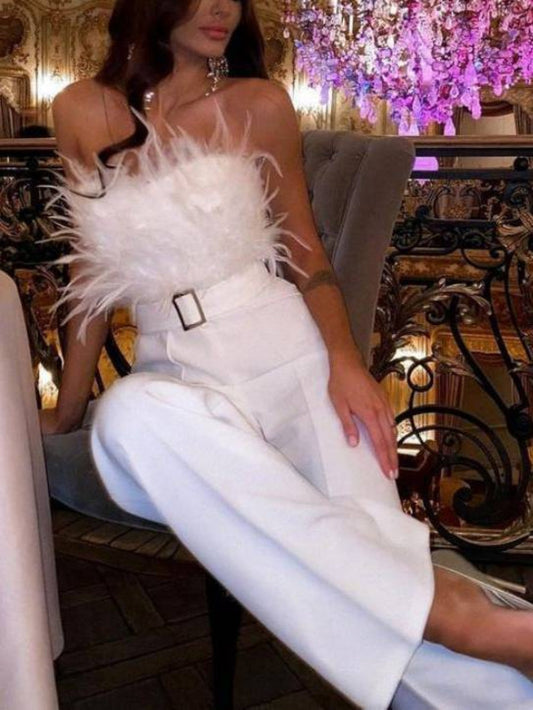 Feather Trim Tube Top Sexy Jumpsuit