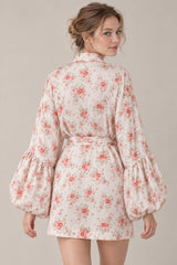 Satin Floral Print Puff Tie A Line Mini Dress