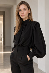 Elegant Blouse Black Sleeves Blouse Lantern Oversized and Vintage with Up Button Women's Detail
