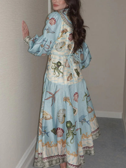 Deep Sea Floral Print Single-Breasted Midi Dress