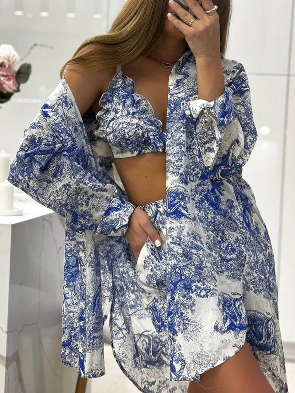 Three Piece Printed Ruffle Sleepwear