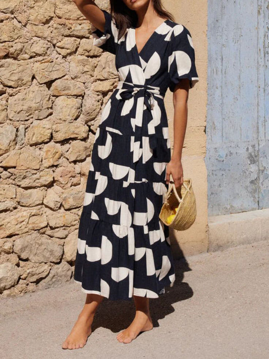 Puff Sleeve V-Neck Geometric Print Dress