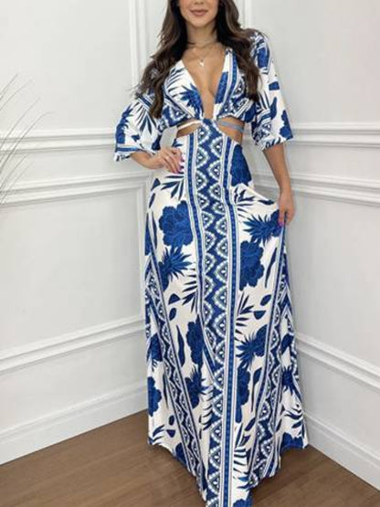 Half Sleeve Batwing Waist-Tied Maxi Dress