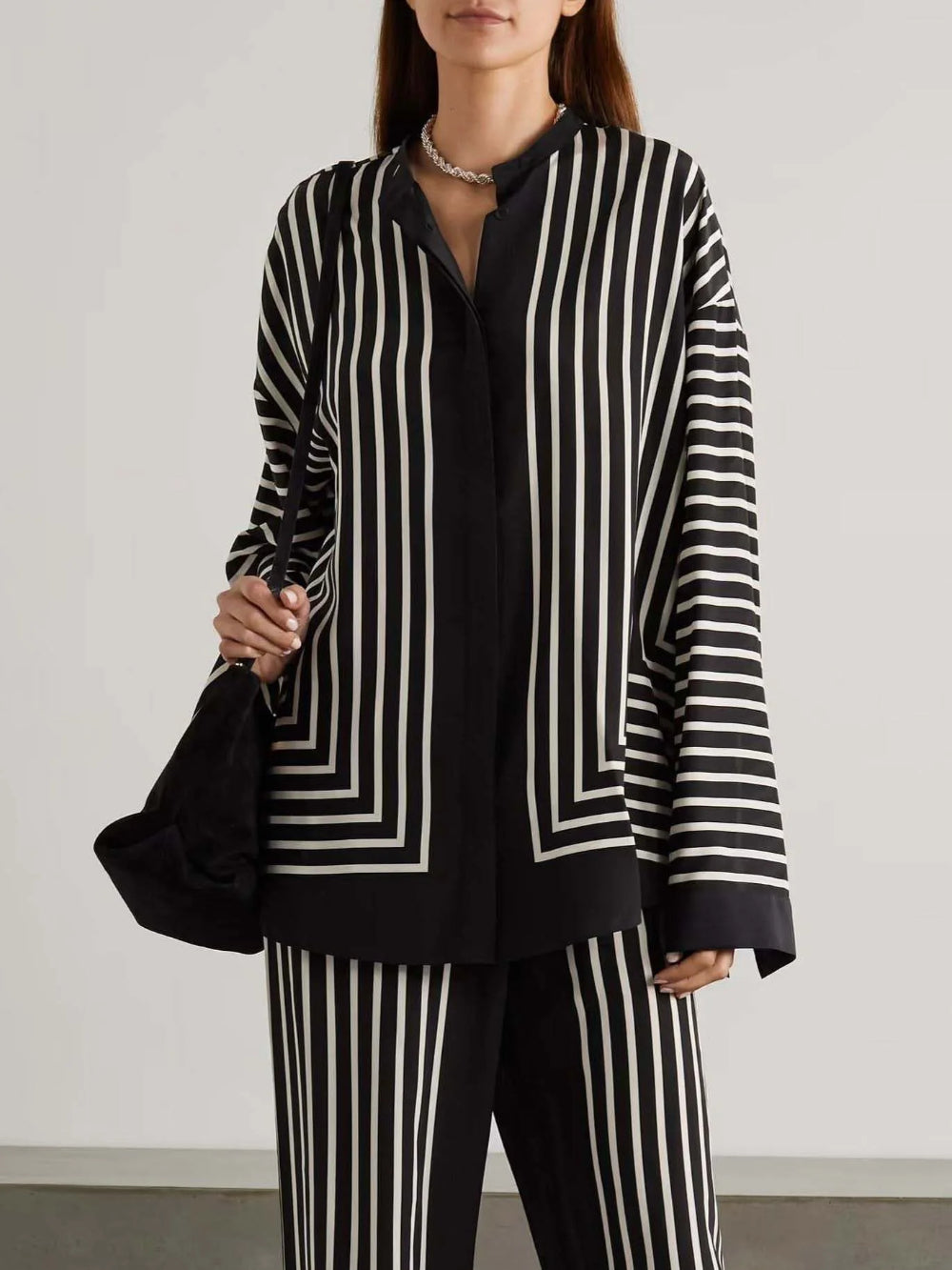 Satin Vintage Striped Loose Shirt Set