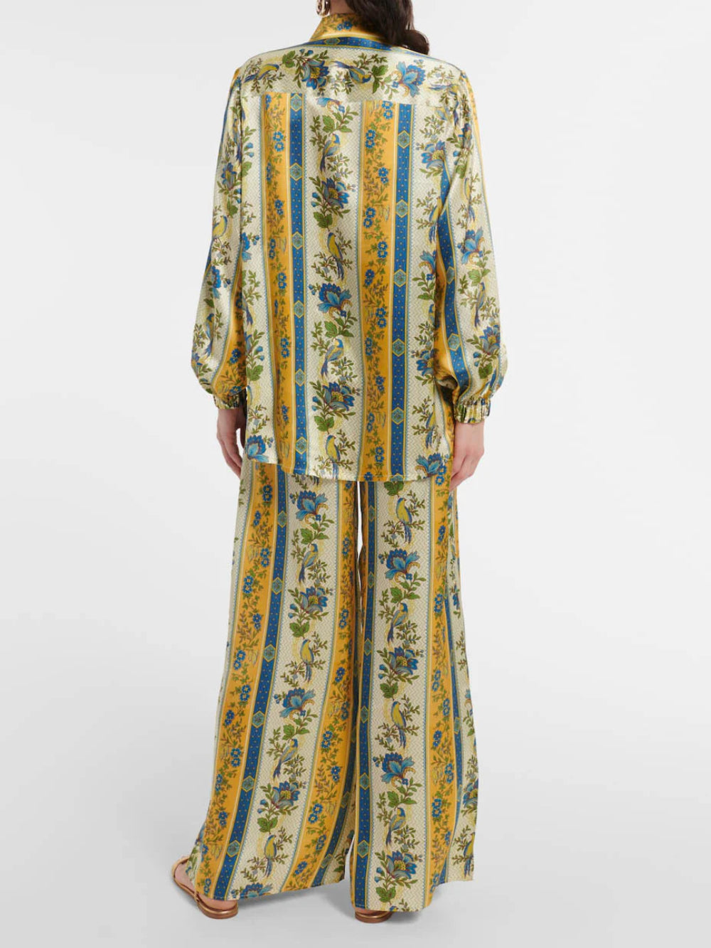 Satin Floral Stripe Wide-Leg Pants