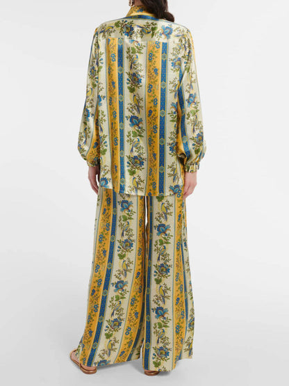 Satin Floral Stripe Wide-Leg Pants