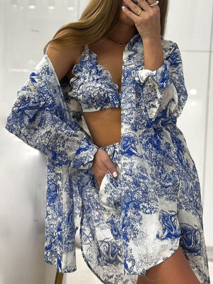 Three Piece Printed Ruffle Sleepwear