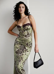 Lace Color Block Printed Slit Bodycon Maxi Dress