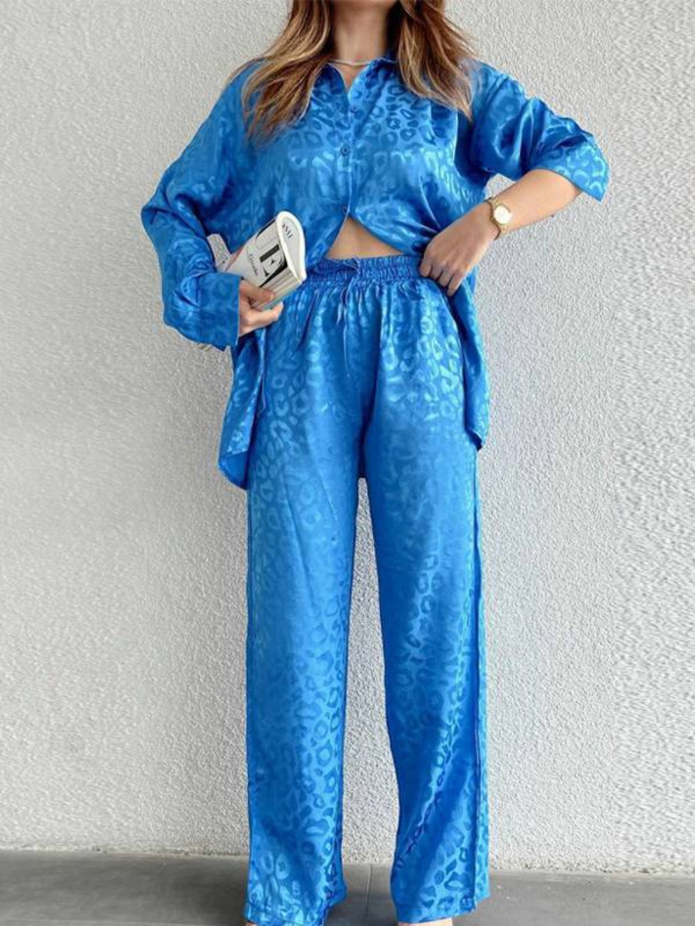 Leopard Print Loose Shirt & Wide Leg Pants Set