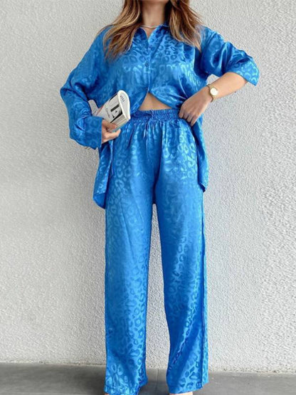 Leopard Print Loose Shirt & Wide Leg Pants Set