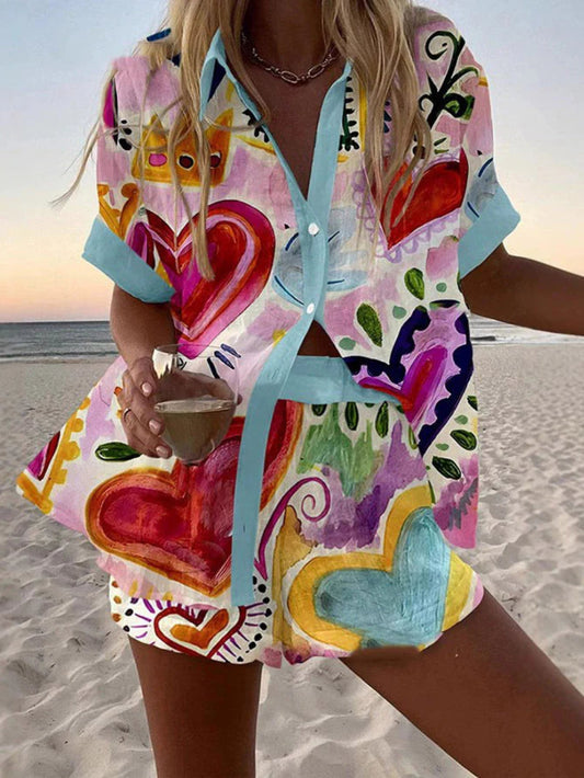 Graffiti Print Lapel Shirt Set