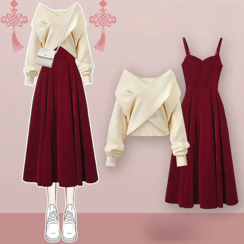 Red Knitted Two-Piece Dress Set