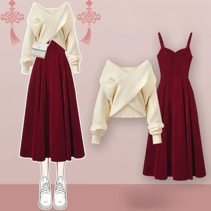 Red Knitted Two-Piece Dress Set
