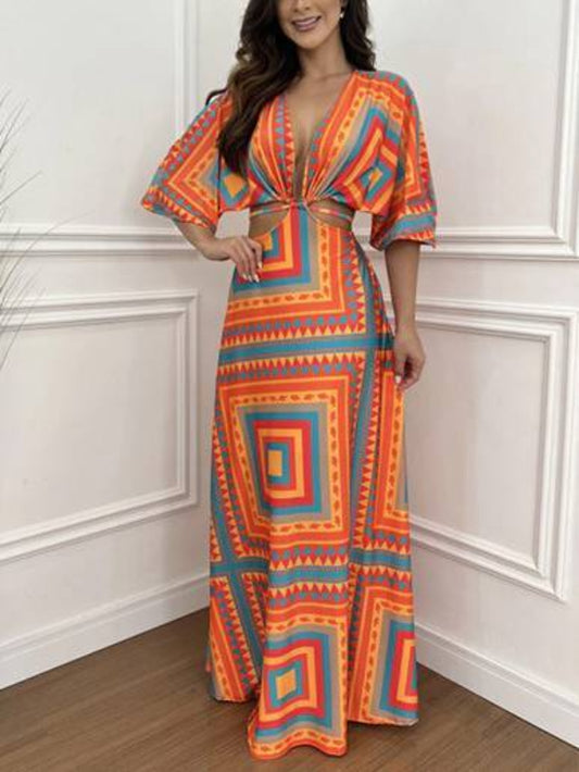 Half Sleeve Batwing Waist-Tied Maxi Dress