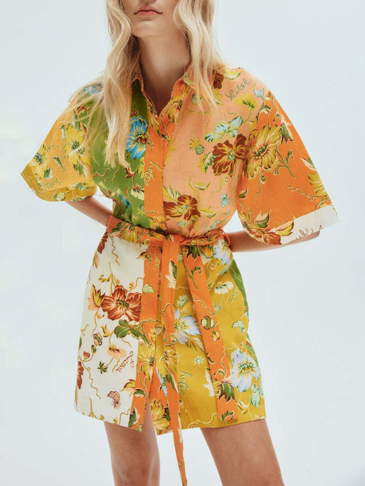 Contrasting Floral Print Unique Mini Dress