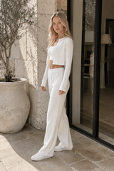 Knitted Cotton Jacquard Cropped Long Sleeve Three Piece Set