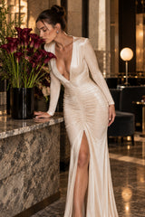 Deep V High Slit Long Sleeve Maxi Dress