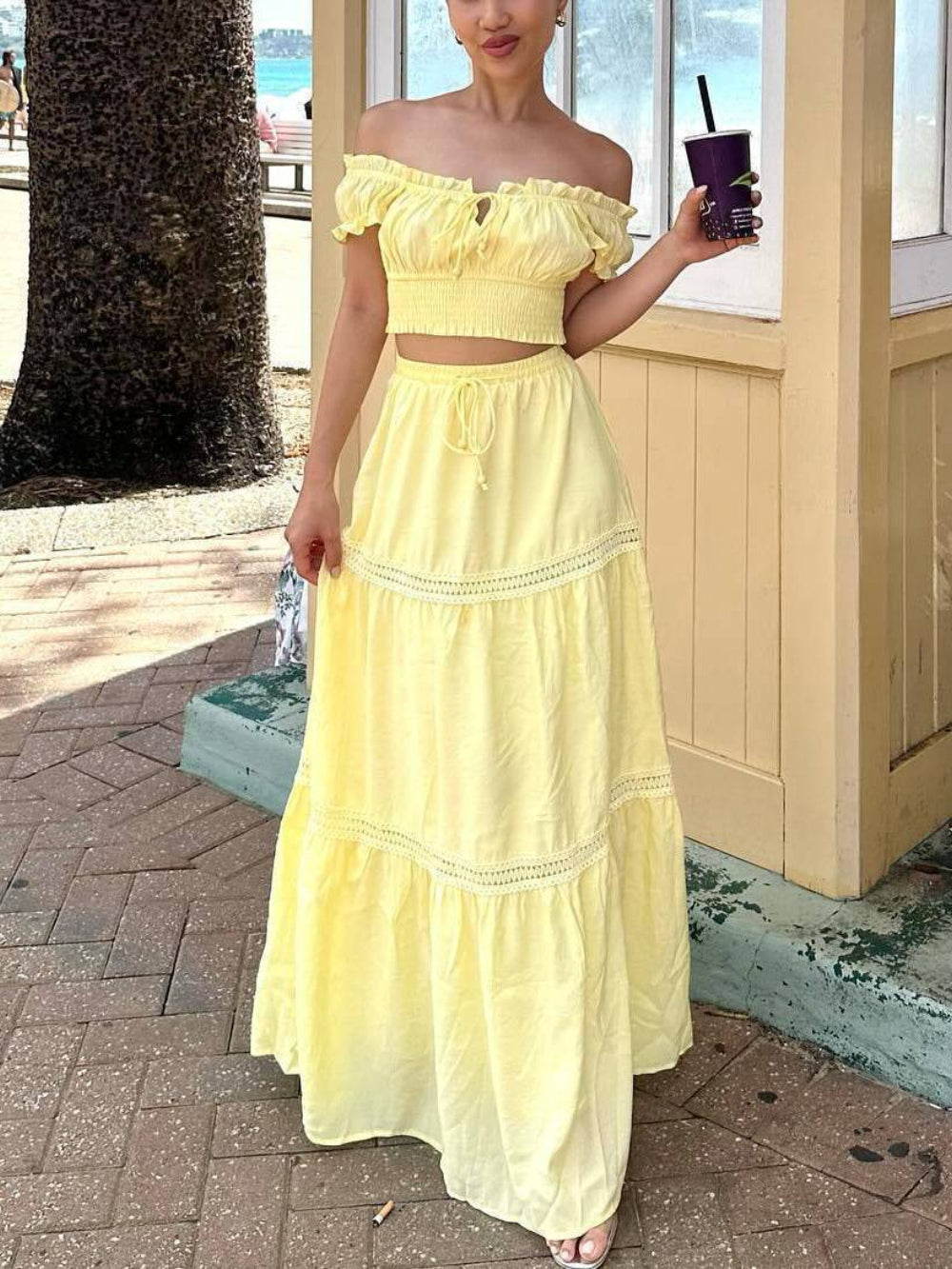 Lace Up Bardot Top with Maxi Swing Skirt