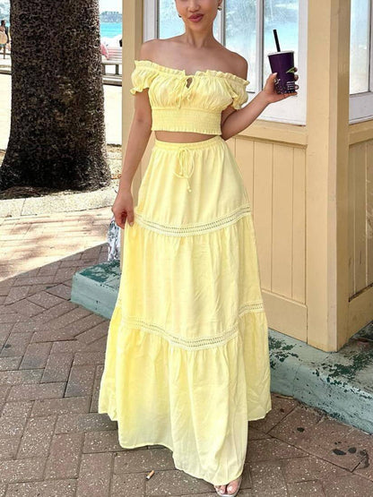 Lace Up Bardot Top with Maxi Swing Skirt