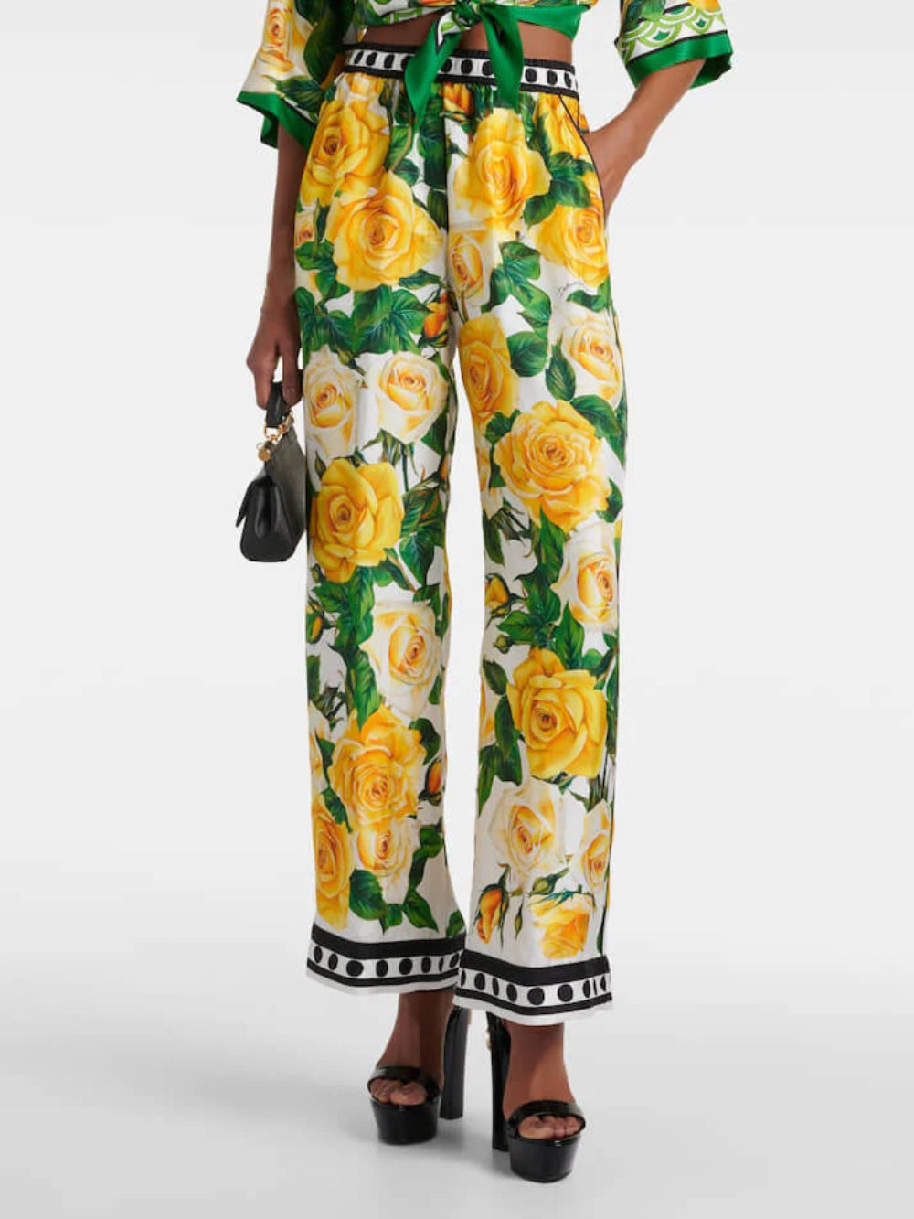 Rose Print Wide-Leg Pants