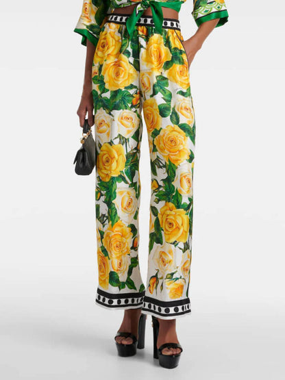 Rose Print Wide-Leg Pants