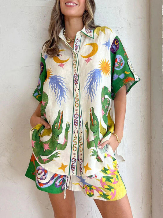 Holiday Print Short Sleeve Cardigan Set