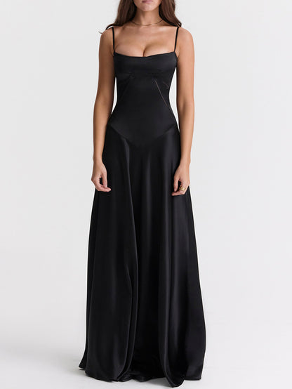 French Tie Slim Backless Evening Gown Maxi Dress