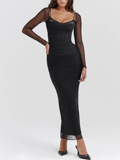 Low Cut Long Sleeve Mesh Dress