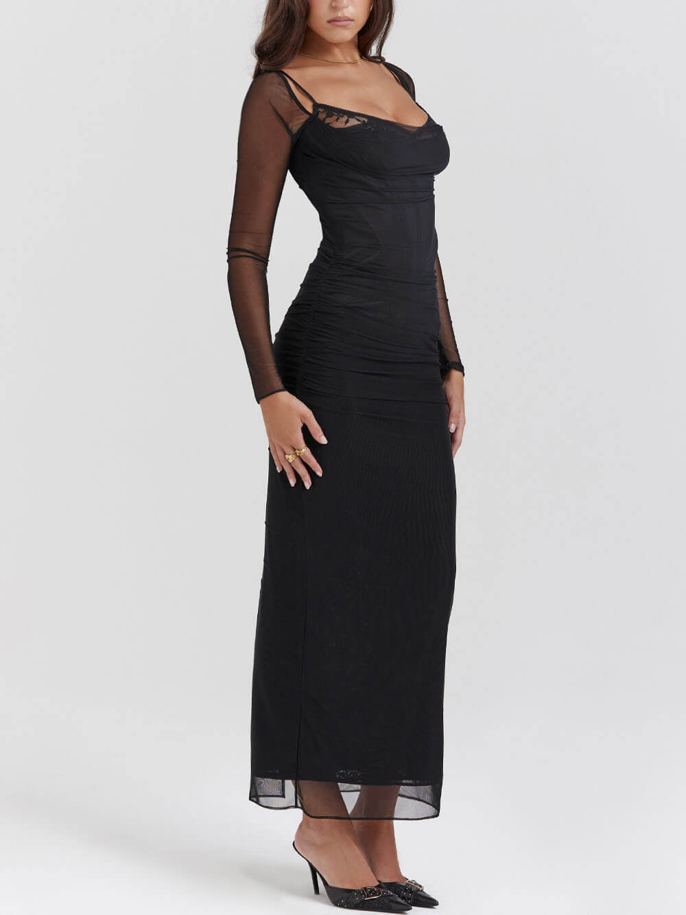 Low Cut Long Sleeve Mesh Dress