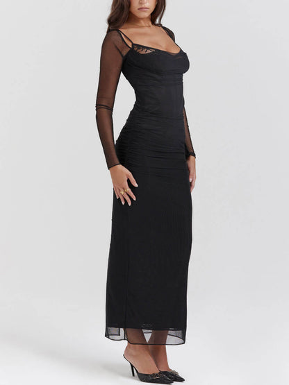 Low Cut Long Sleeve Mesh Dress