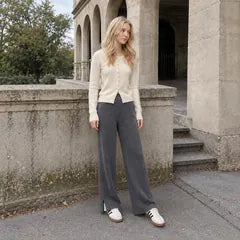 AI styling illustration of Sleek Wool Knit Cardigan with Wool Soft Straight Split Knit Pants.
